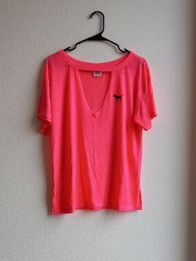 Bright Pink V-Neck Tee with Small Dog Logo